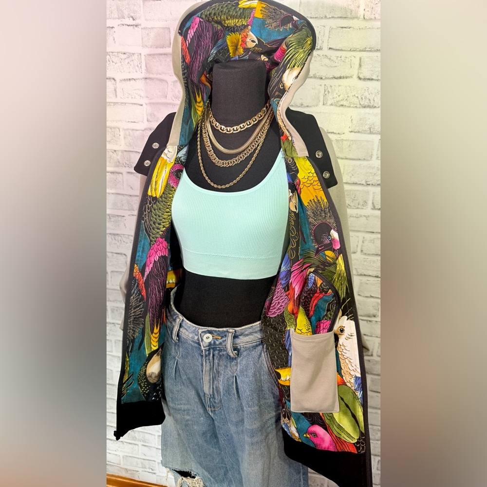 Anglero Rare Tanguis Cotton Tropical Print Hoodie With Lambskin Leather Trim